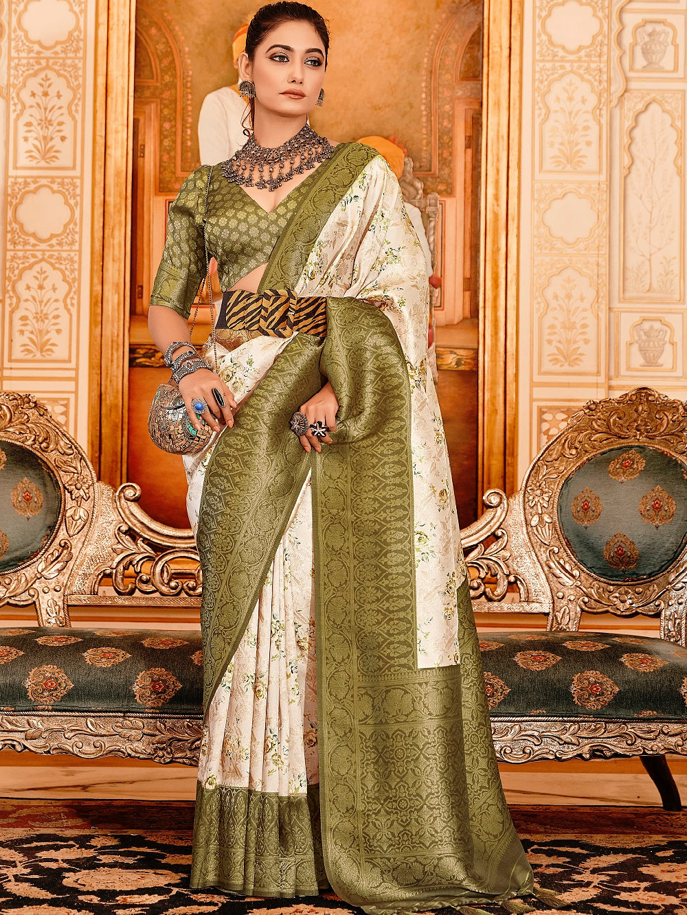 Mehndi Color Digital Printed Softy Silk Saree