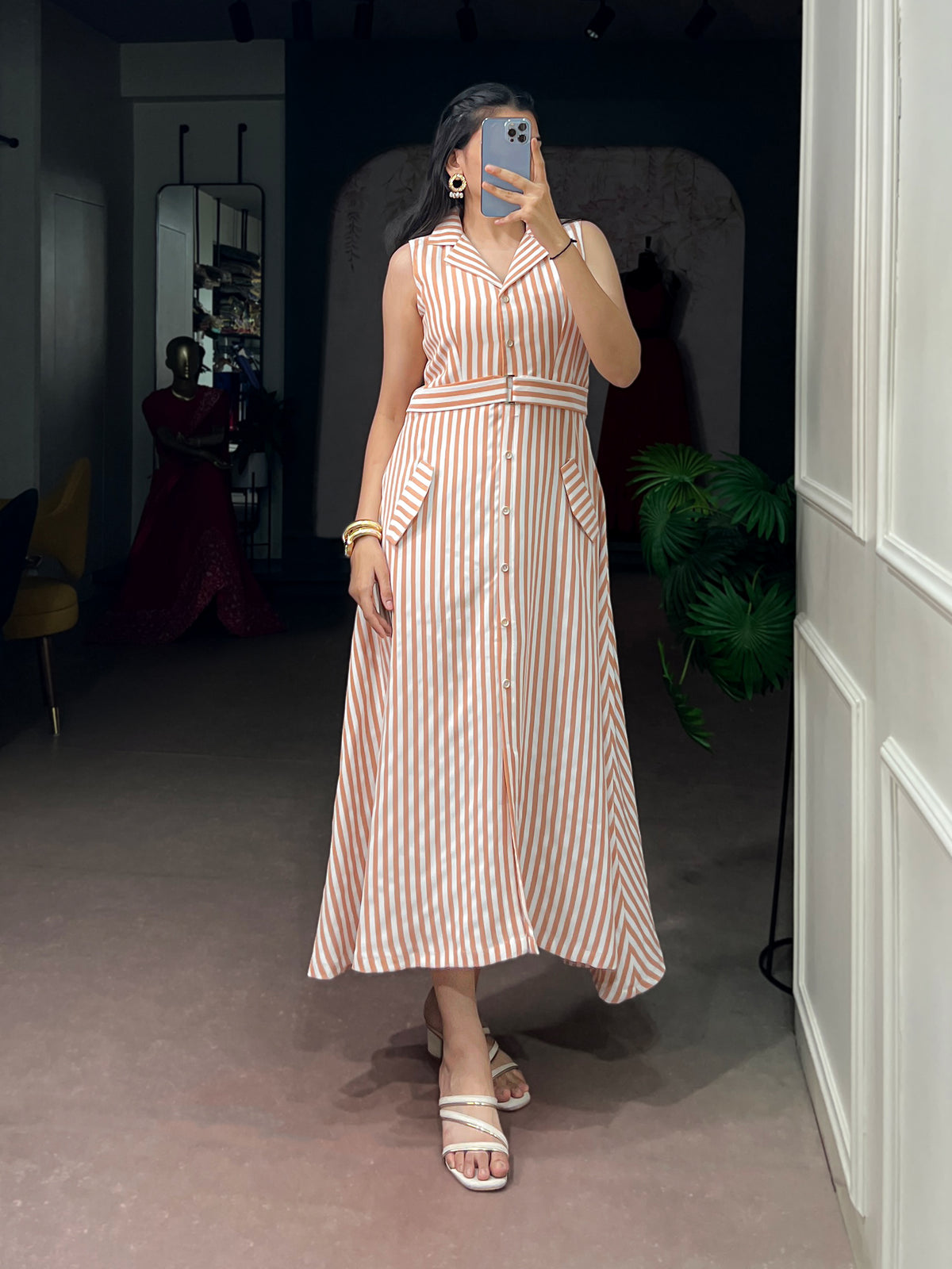 Women's Long Striped Dress With Belt Detailing