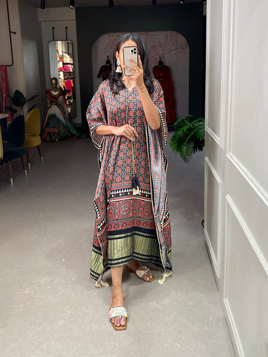 Multi Color Ajrakh Digital Printed Gaji Silk Kaftan