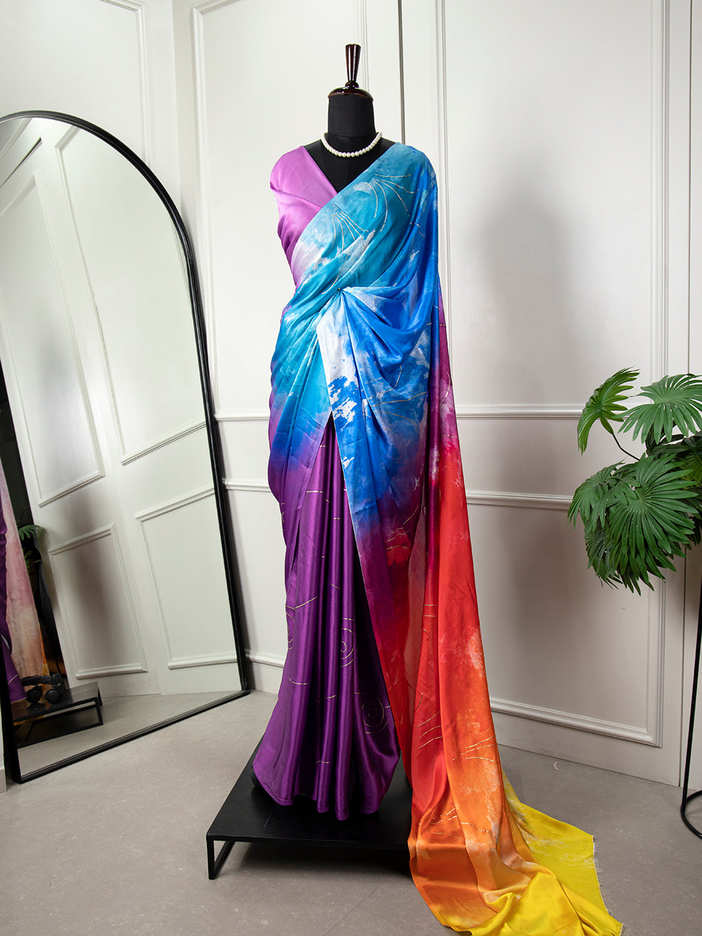 Multi Color Digital Print And Foil Work Satin Silk Saree