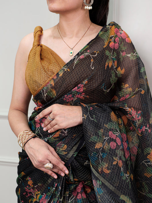 Black Color Kota Doria Saree Collection