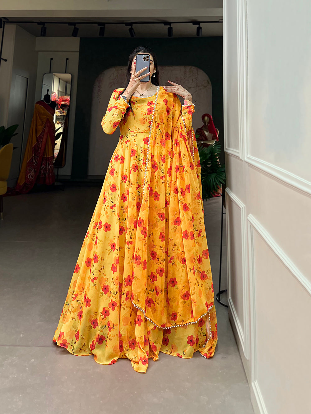 Mustard Color Floral Printed Georgette Dress