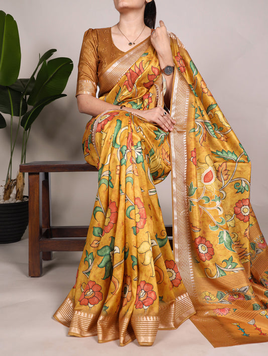 Mustard Color Printed Tussar Silk With Viscose Border Saree