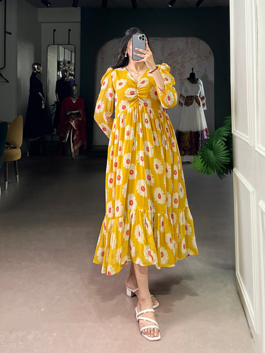 Mustard Color Floral Print With Foil Work Marbel Fancy Frock