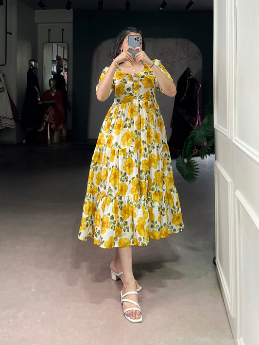 Mustard Color Printed Vichitra Silk Fancy Gown