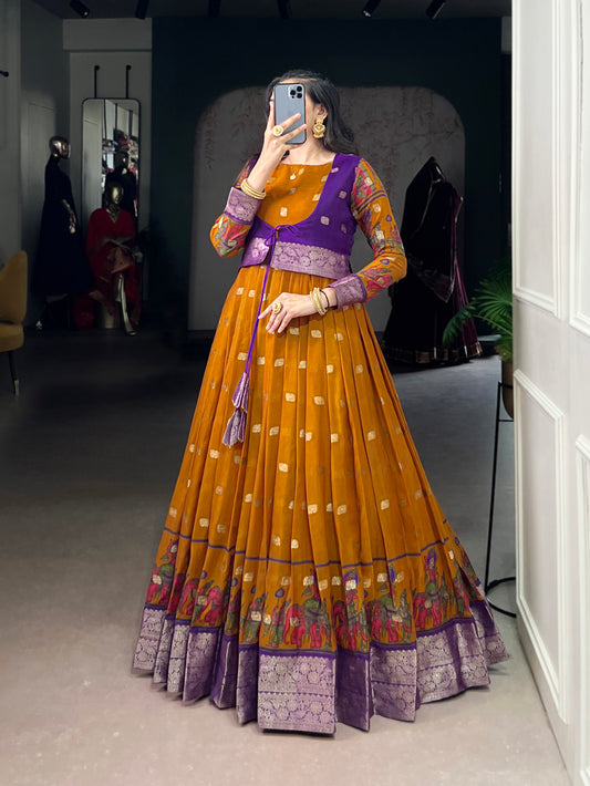 Mustard Color Kalamkari With Zari Weaving Work Poly Cotton Gown