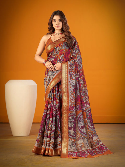 Mustard Color Kalamkari Print Saree