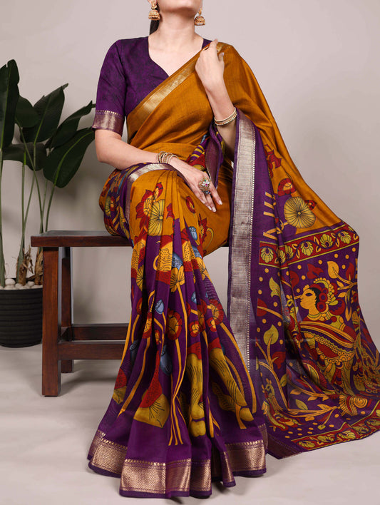 Mustard Color Tradition Floral Printed With Zari Weaving Work Viscose Chanderi Saree