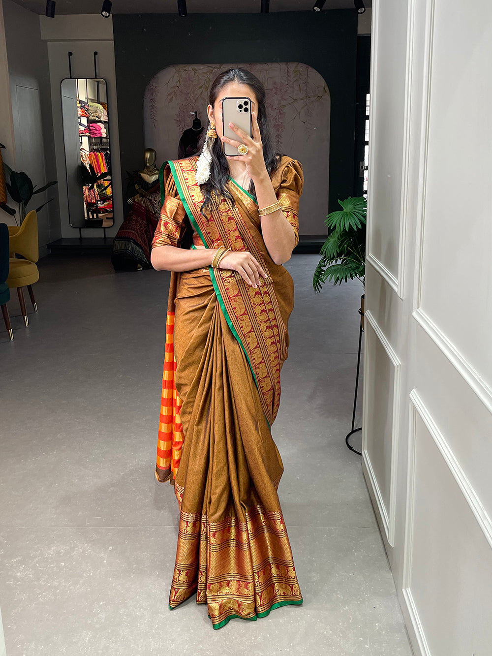 Mustard Color Zari Weaving Work Narayan Pet Saree