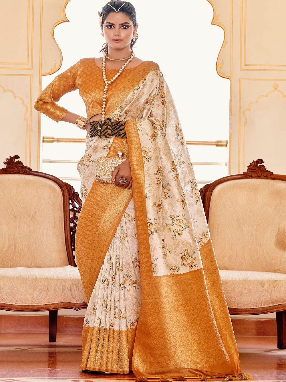 Mustard Color Digital Printed Softy Silk Saree