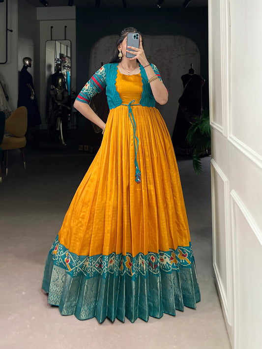 Mustard Color Patola Print With Weaving Work Border Tasar Chex Gown By Yana Fab