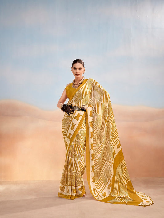 Mustard Color Satin Chiffon Saree