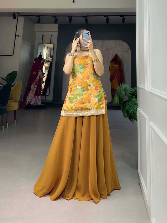 Mustard Color Weaving Work With Position Print Viscose Jacquard Silk Plazo Kurti Set