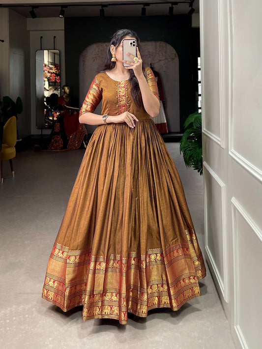 Mustard Color Zari Weaving Work Narayan Pet (Cotton) Dress