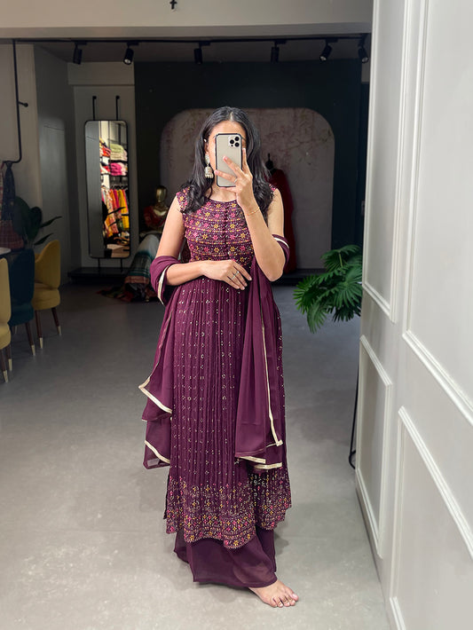 Wine Color Sequins And Thread Embroidery Work Georgette Kurti Plaza Set