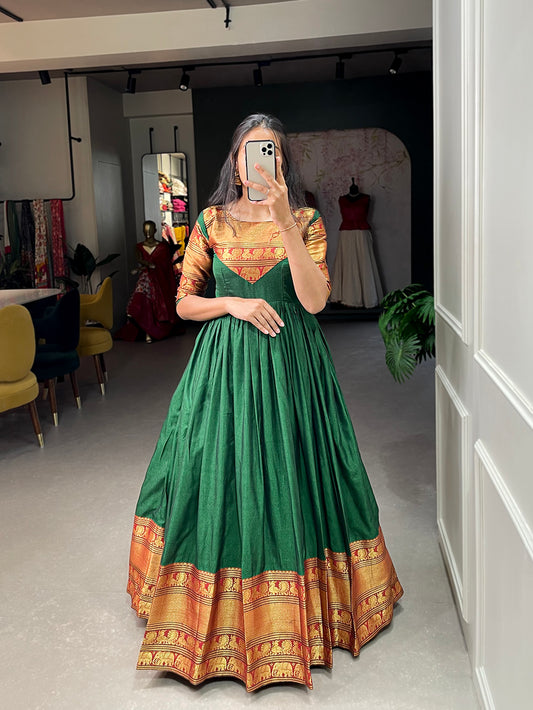Green Color Zari Weaving Work Narayan Pet (Cotton) Dress