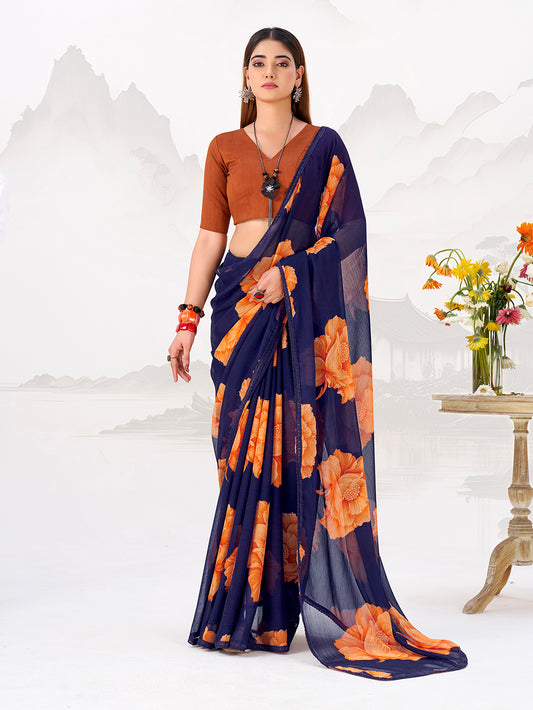 Navy Blue Color Floral Print with Lace Border Chiffon Saree