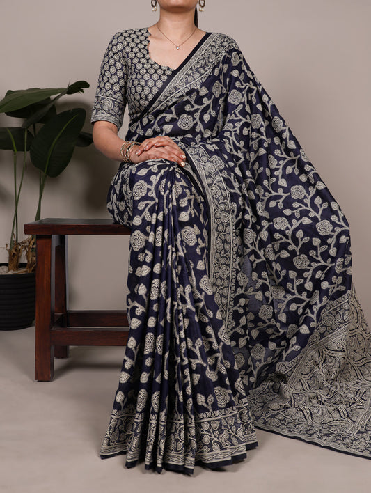 Navy Blue Color Printed Cotton Silk Saree