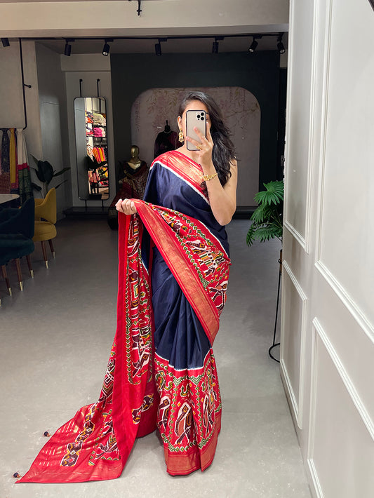 Navy Blue Color Patola Print And Foil Work Dola Silk Saree