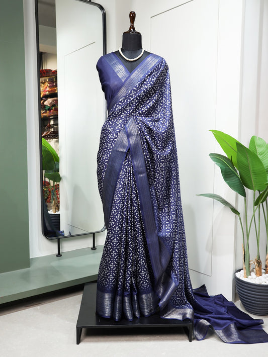 Navy Blue Color Printed With Zari Border Dola Silk Saree