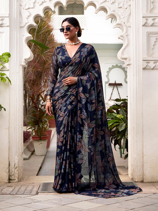 Navy Blue Color Floral Viscose Lurex Brasso Saree