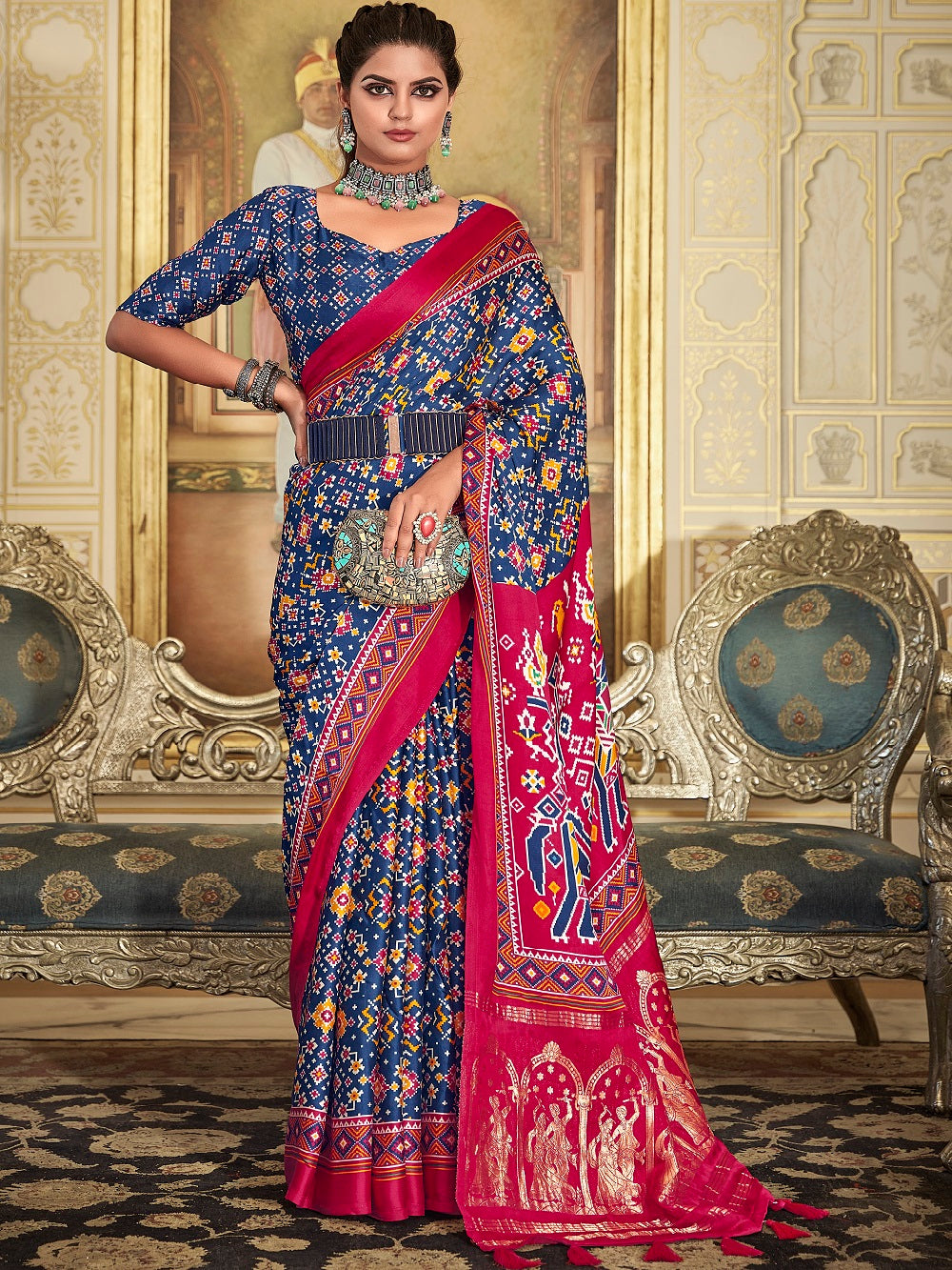 Navy Blue Color Digital Printed Pure Gaji Silk Saree