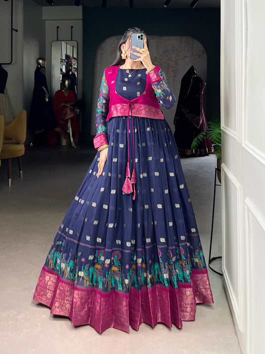 Navy Blue Color Kalamkari With Zari Weaving Work Poly Cotton Gown