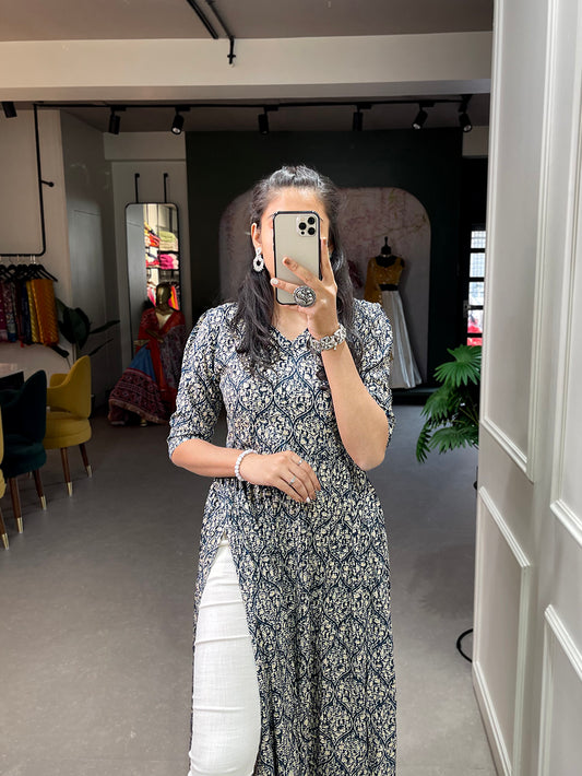 Navy Blue Color Foil and Printed Rayon Cotton Dress