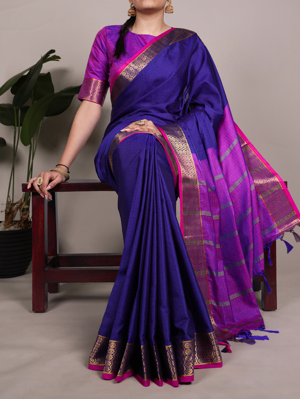 Navy Blue Color Zari Weaving Work Poly Cotton Saree By Yana Fab