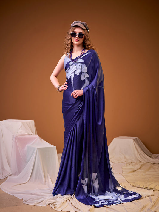 Navy Blue Color Floral Print Satin Silk Saree