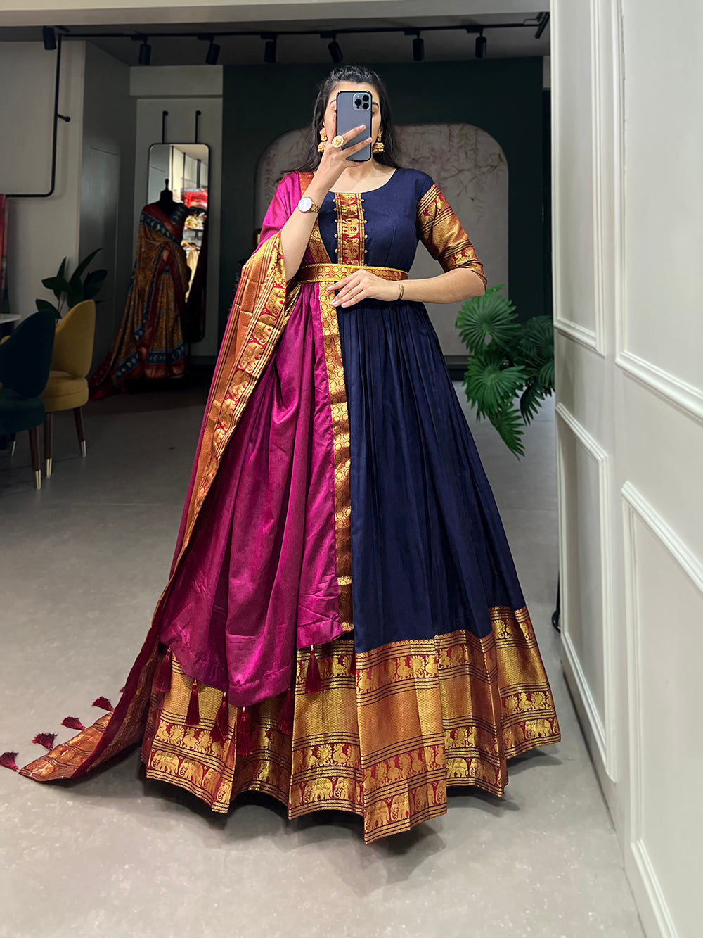 Navy Blue Color Zari Weaving Work Narayan Pet Cotton Maharashtra Dress