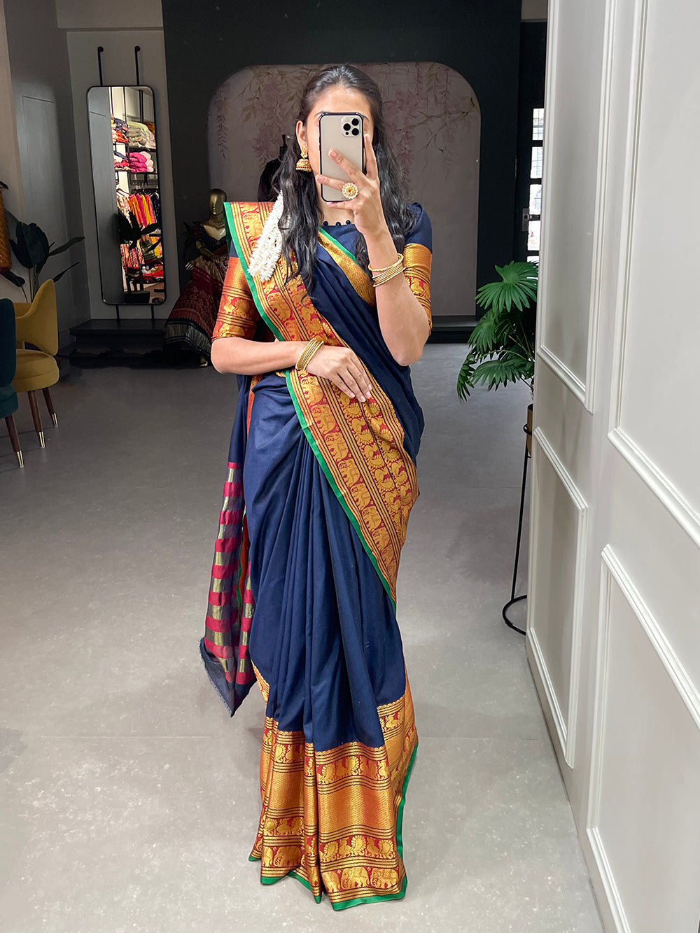 Navy Blue Color Zari Weaving Work Narayan Pet Saree