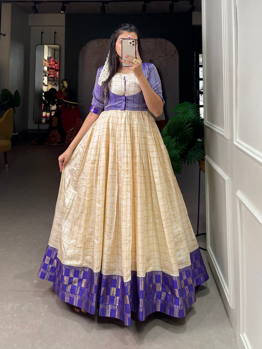 Navy Blue Color Zari Weaving Work Zari Chex South Indian Wedding Dress