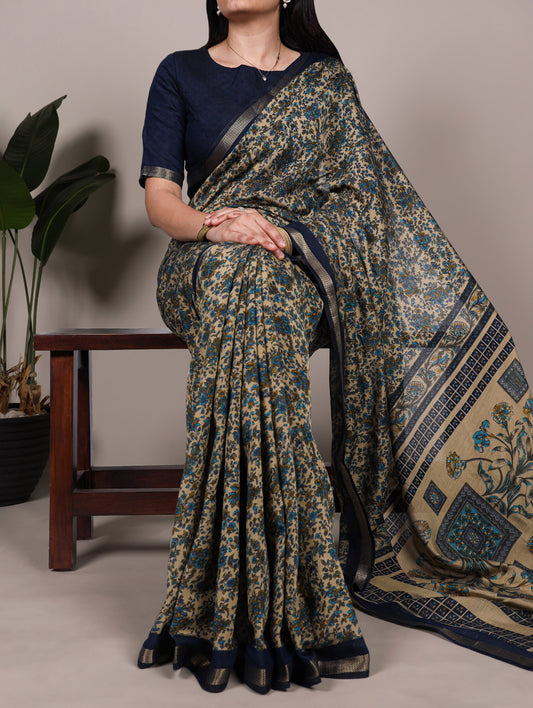 Navy Blue Color Printed With Zari Weaving Work Polyester Viscose Chanderi Saree