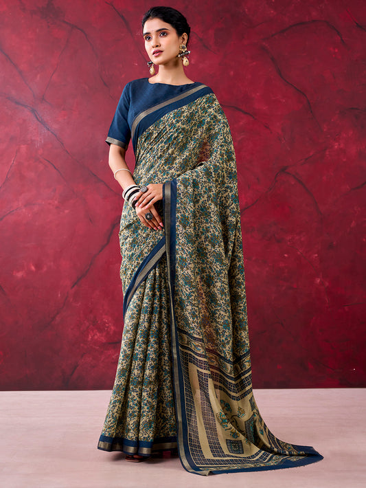 Navy Blue Color Printed With Zari Weaving Work Polyester Viscose Chanderi Saree