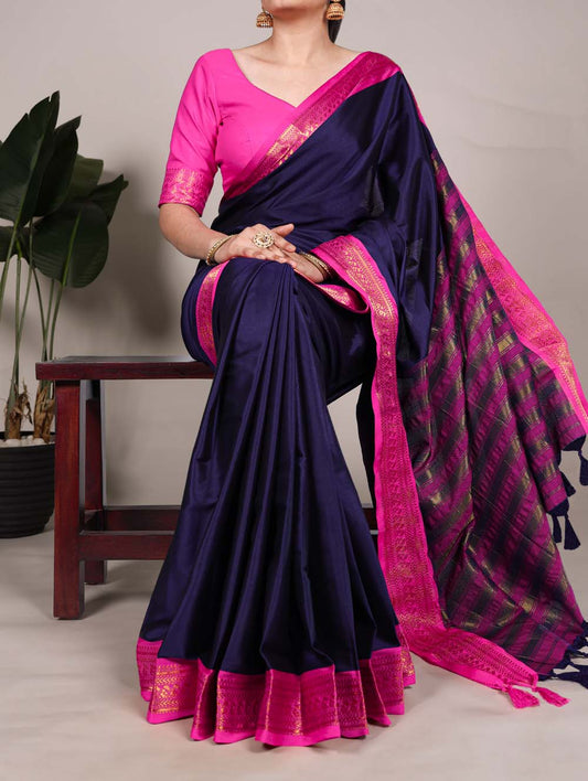 Navy Blue Color Zari Weaving Work Aura Silk Saree