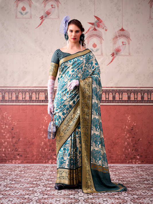 Sky Blue Color Printed With Viscose Border Tasar Silk Saree