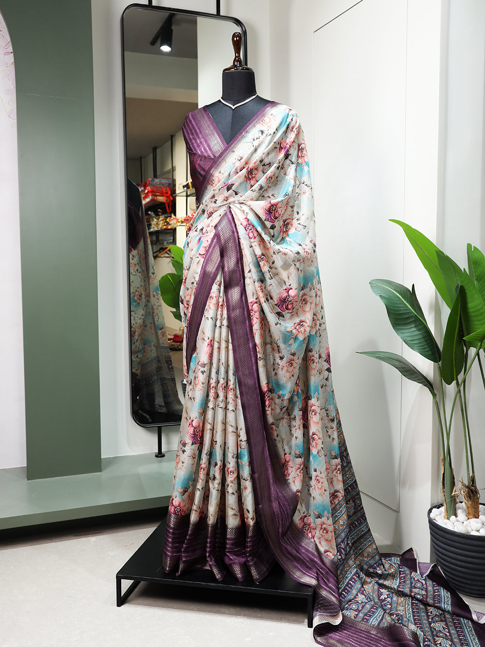 Purple Color printed With Sequins And Zari Work Border Dola Silk Saree