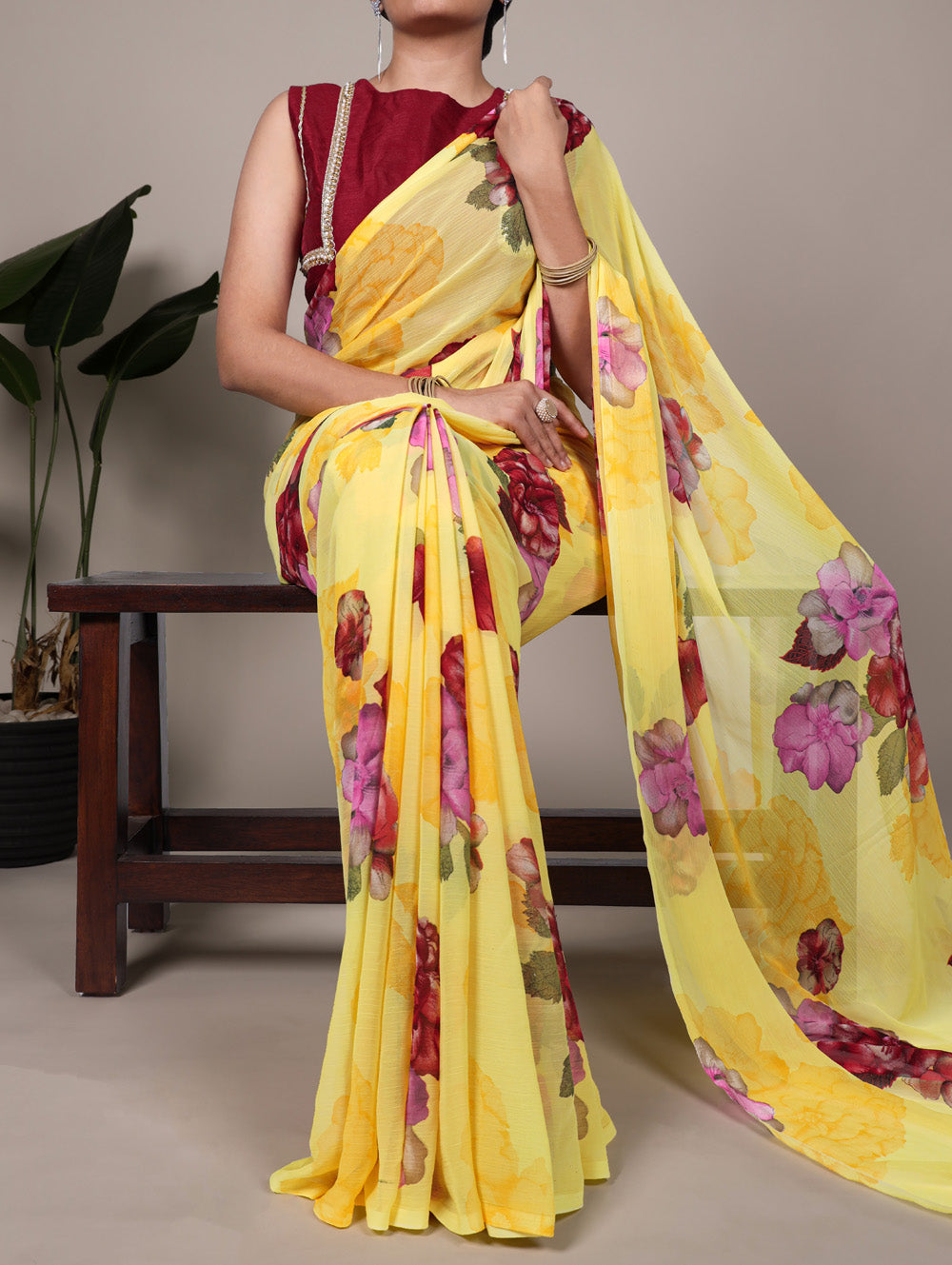 Yellow Color Floral Printed Chiffon Saree