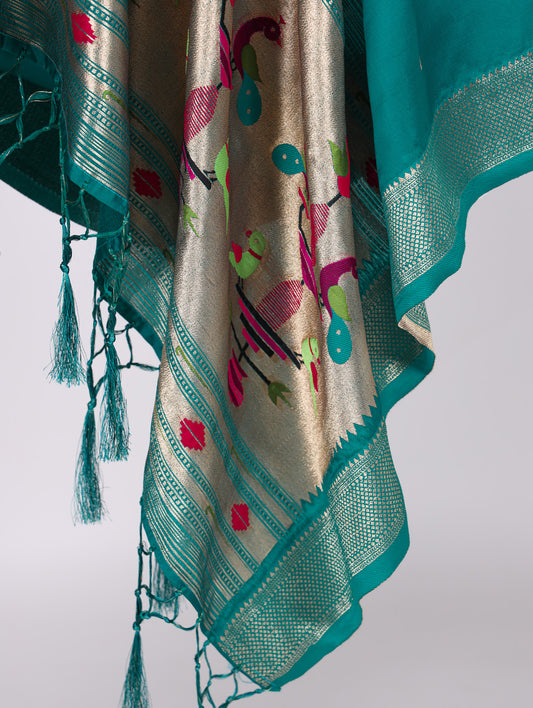 Teal Color Weaving Zari Work Jacquard Silk With Paithani Dupatta