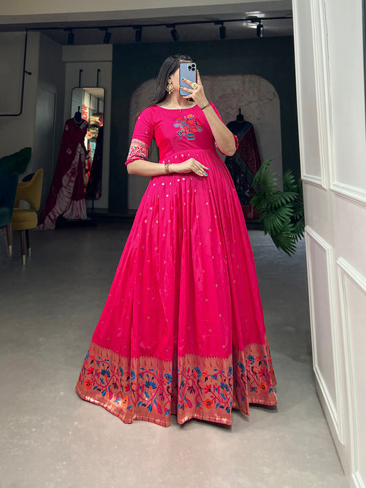 Pink Color Zari Weaving Work Jacquard Silk Dress