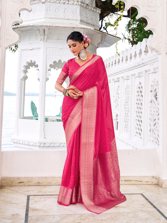 Pink Color Self Printed With Zari Weaving Work Chinon Saree