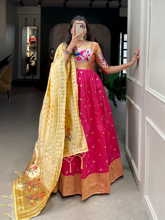 Pink Color Zari Weaving Work Jacquard Silk (Paithani) Dress