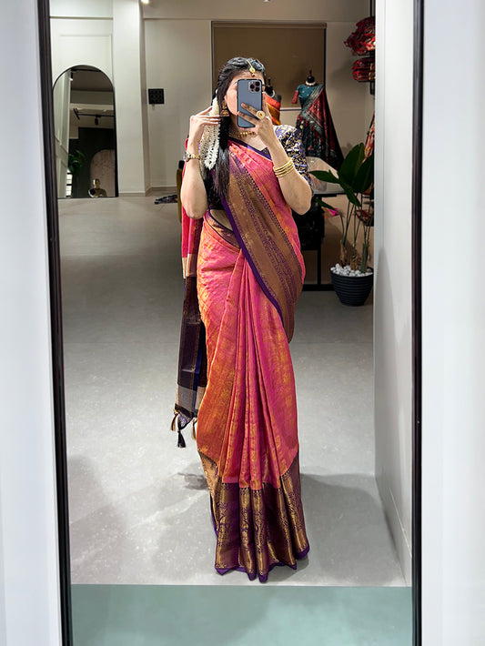 Pink Color Zari Weaving Work Kanjivaram Saree