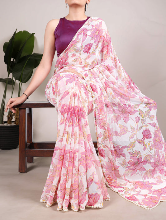 Pink Color Floral Print With Peral Lace Border Weightless Marbal Saree