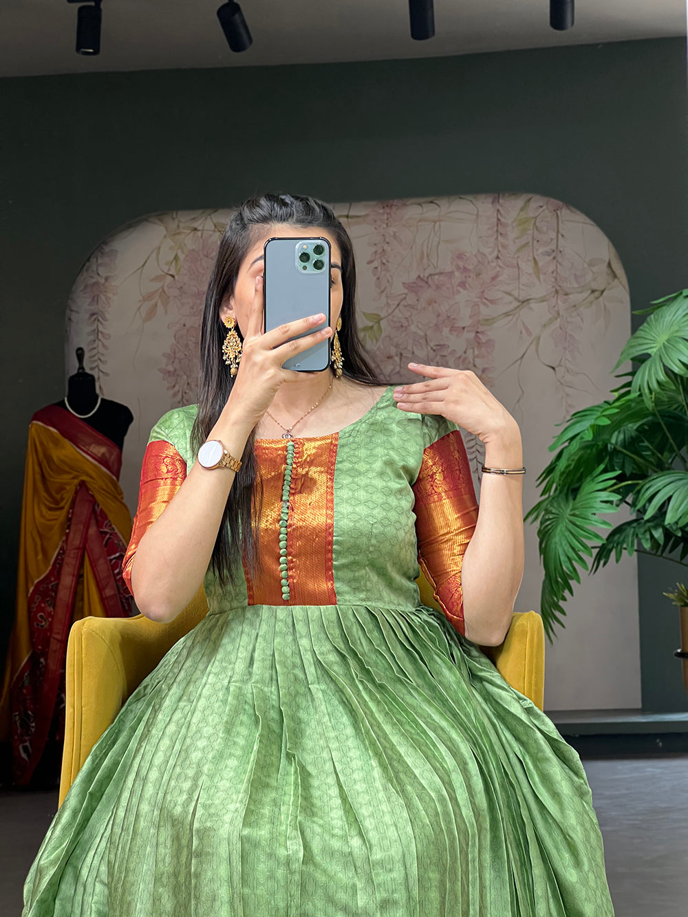 Pista Color Self Design Aura Fabric Zari Weaving Work Dress
