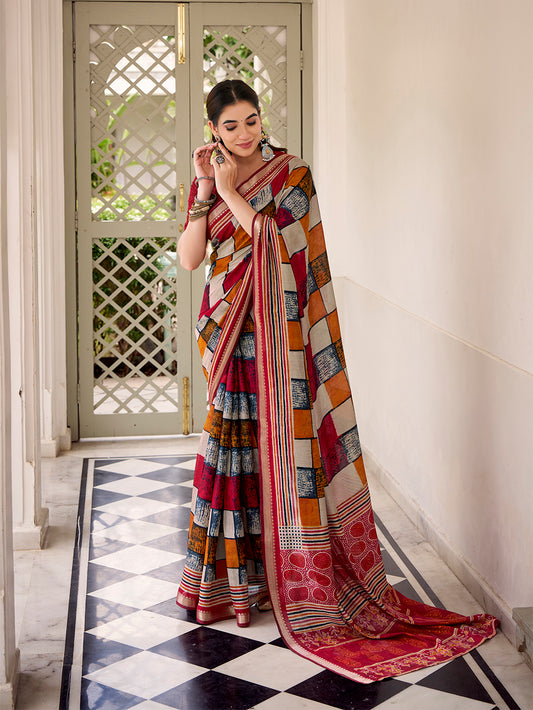 Maroon Color Printed With Temple Border Polyester Viscose Chanderi Saree