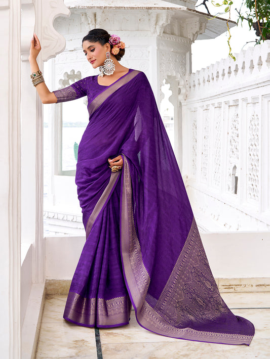 Purple Color Self Printed With Zari Weaving Work Chinon Saree