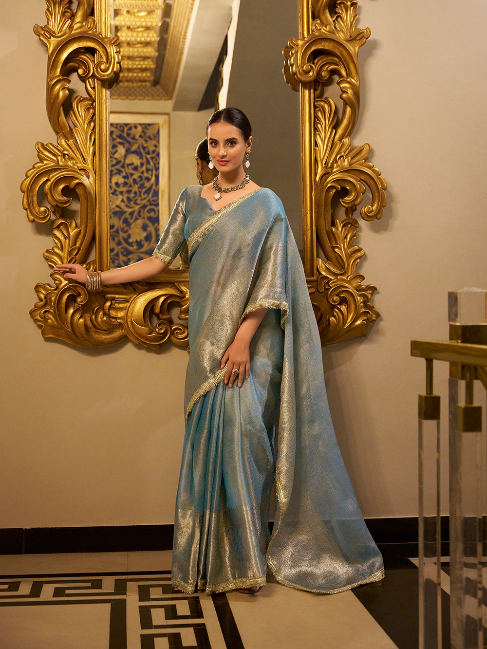 Sky Blue Color Zari Weaving Work With Sequins Border Tissue Shimmer Saree