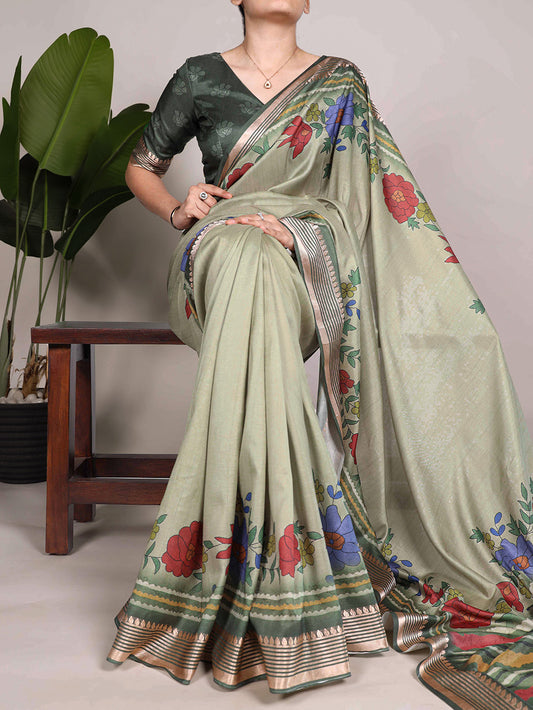 Mehandi Color Printed Tussar Silk With Viscose Border Saree